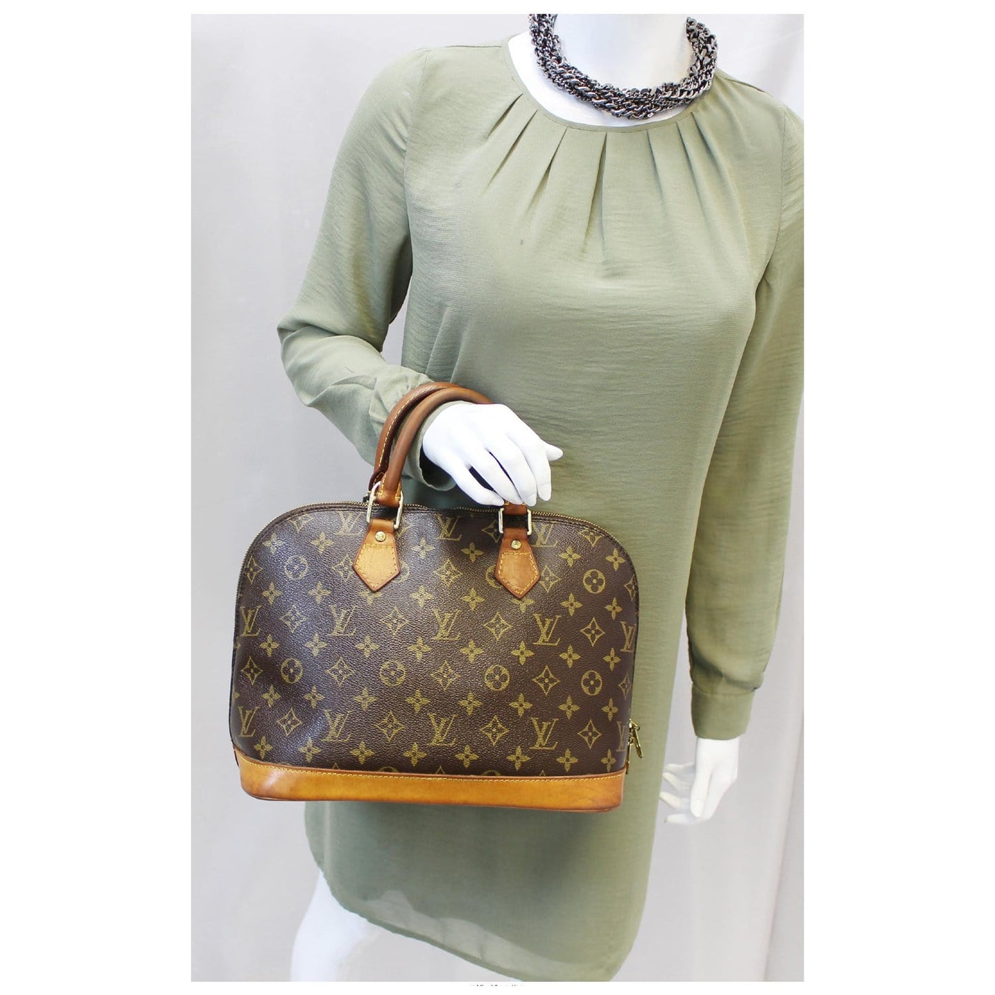 LOUIS VUITTON Alma Monogram Canvas Satchel Bag Brown
