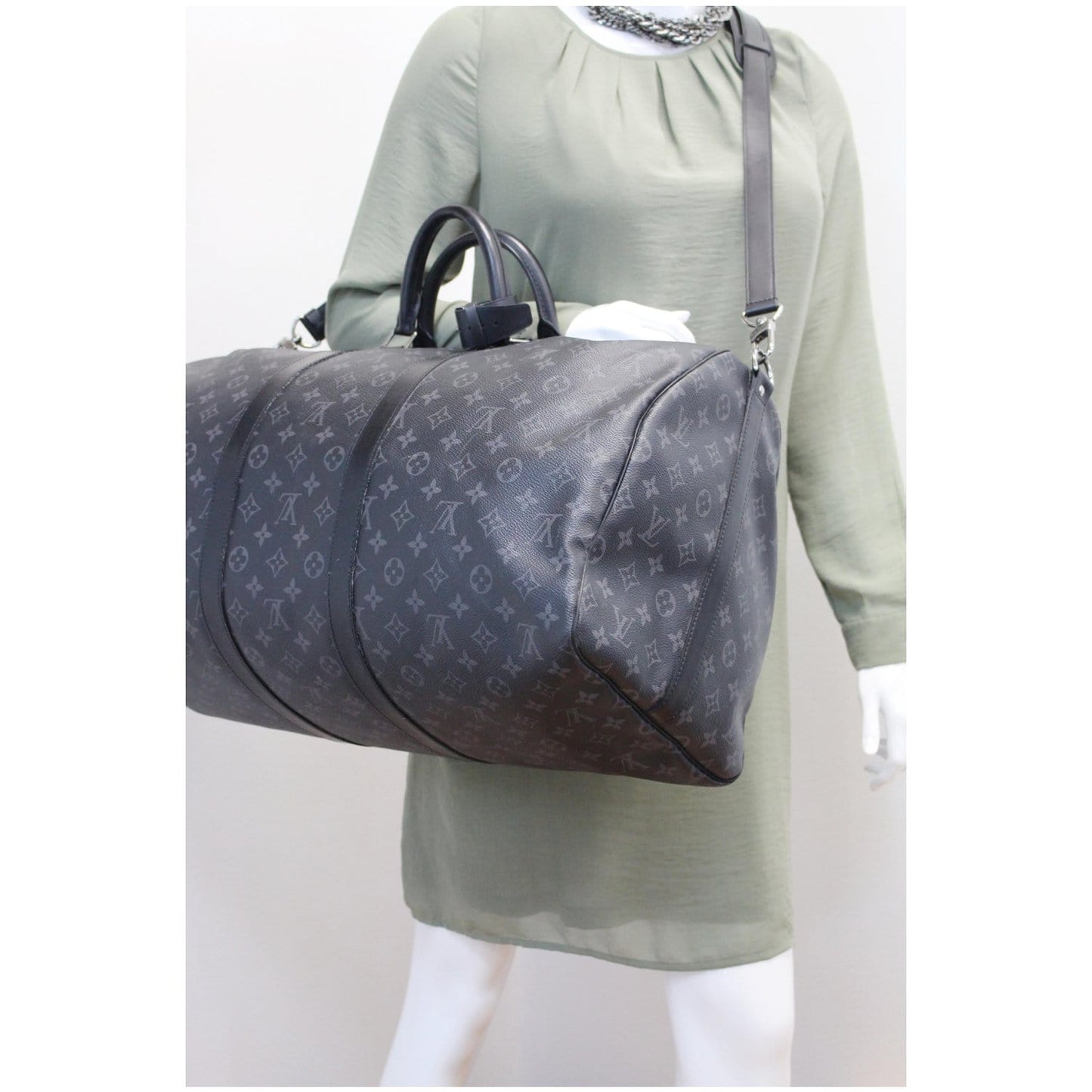 LOUIS VUITTON Keepall 55 Bandouliere Monogram Eclipse Travel Bag Black