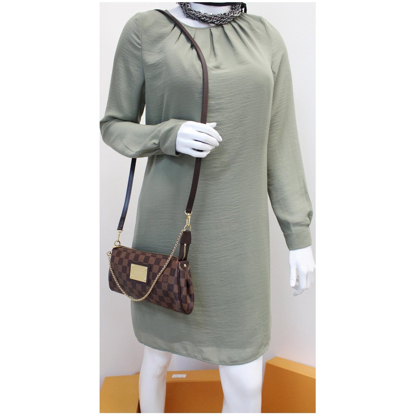 LOUIS VUITTON Pochette Eva Damier Ebene Clutch Crossbody Bag Brown