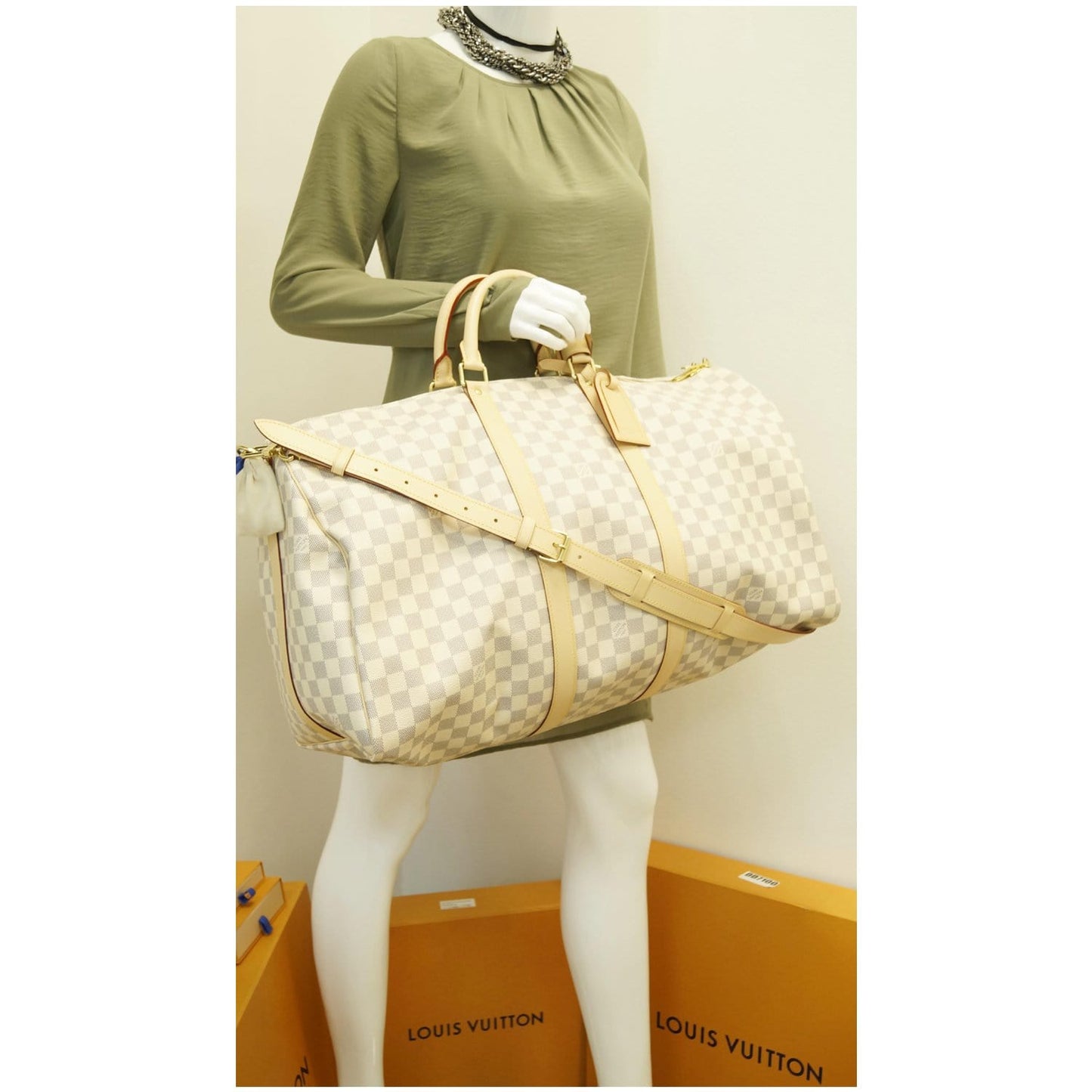 LOUIS VUITTON Keepall 55 Bandouliere Damier Azur Travel Bag White
