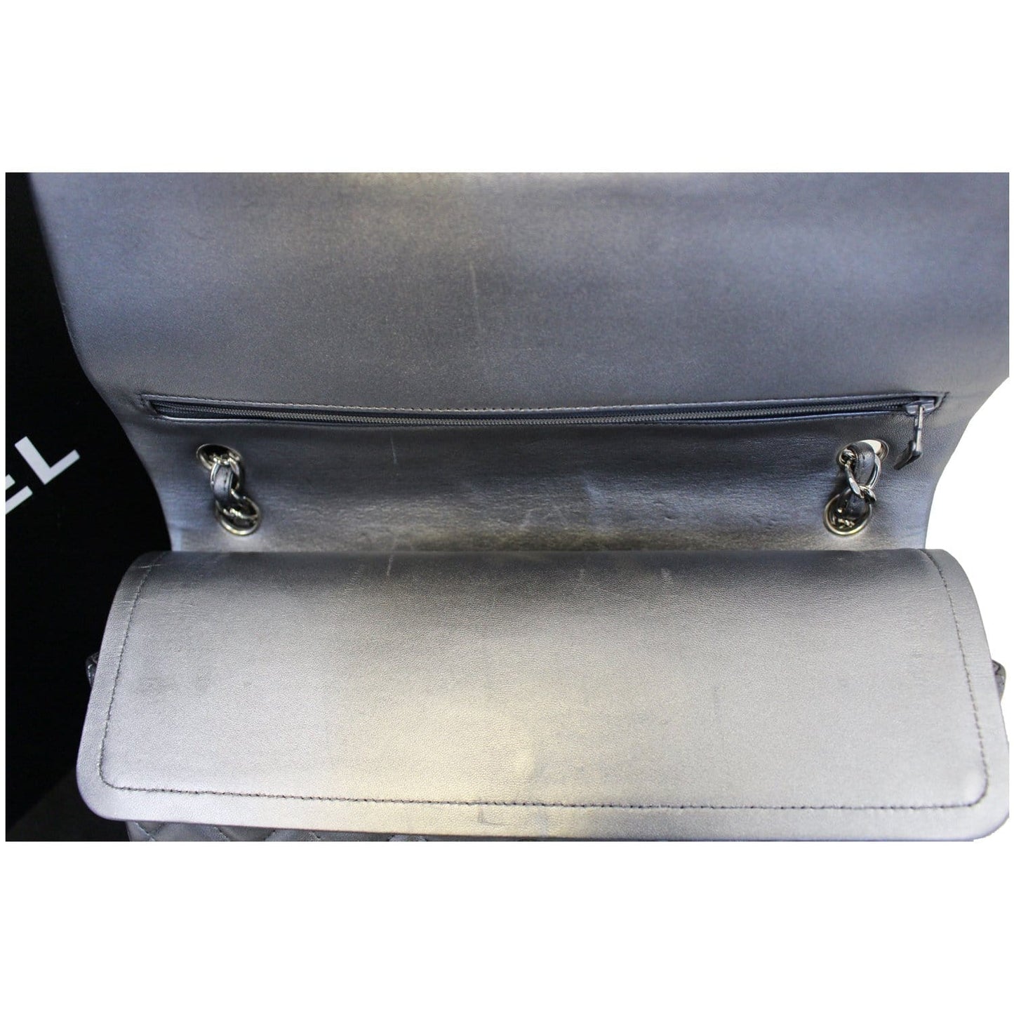 CHANEL Jumbo Calfskin Leather Double Flap Silver Shoulder Bag