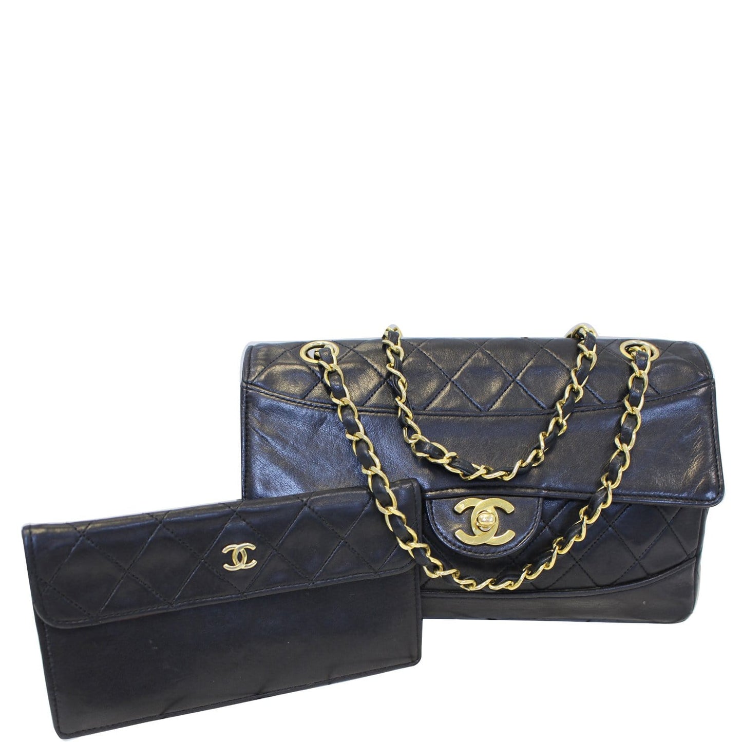 CHANEL Vintage Quilted Lambskin Leather Line Flap Bag Black