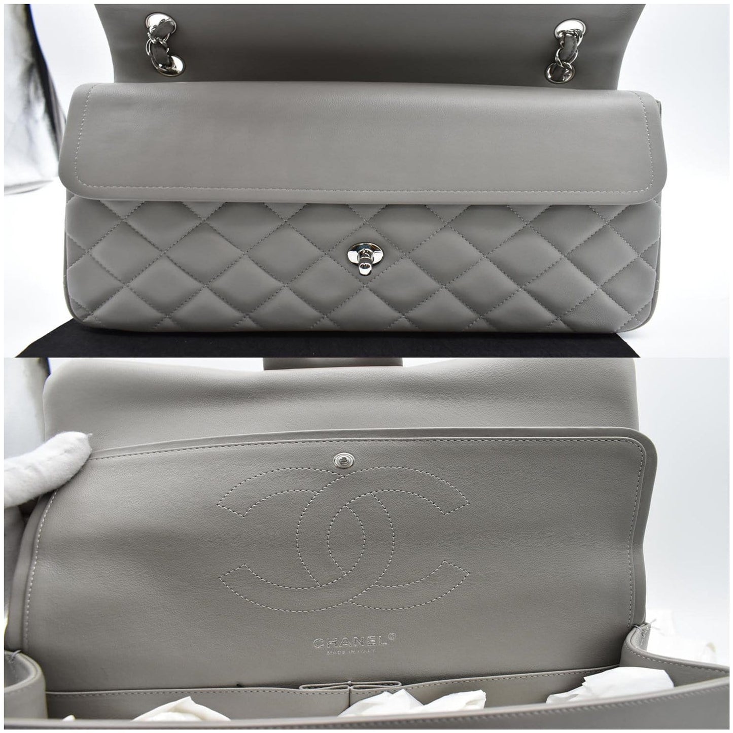 CHANEL Classic Jumbo Double Flap Lambskin Leather Shoulder Bag Grey