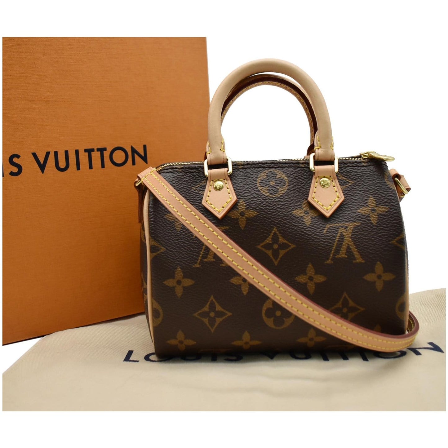 LOUIS VUITTON Nano Speedy Monogram Canvas Crossbody Bag Brown