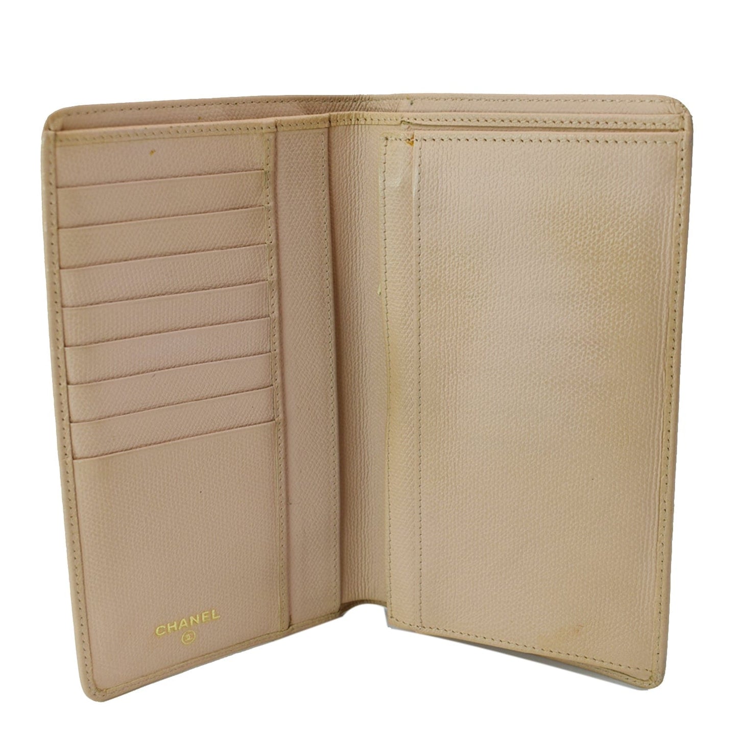 CHANEL Long Coco Button Bi-Fold Caviar Leather Wallet Beige