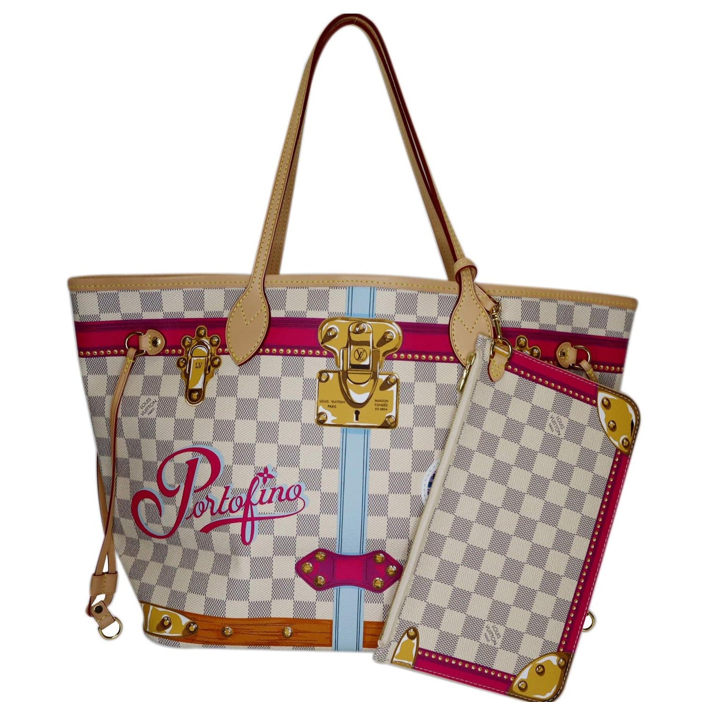 LOUIS VUITTON Neverfull MM Summer Trunk Dameir Azur Shoulder Bag White