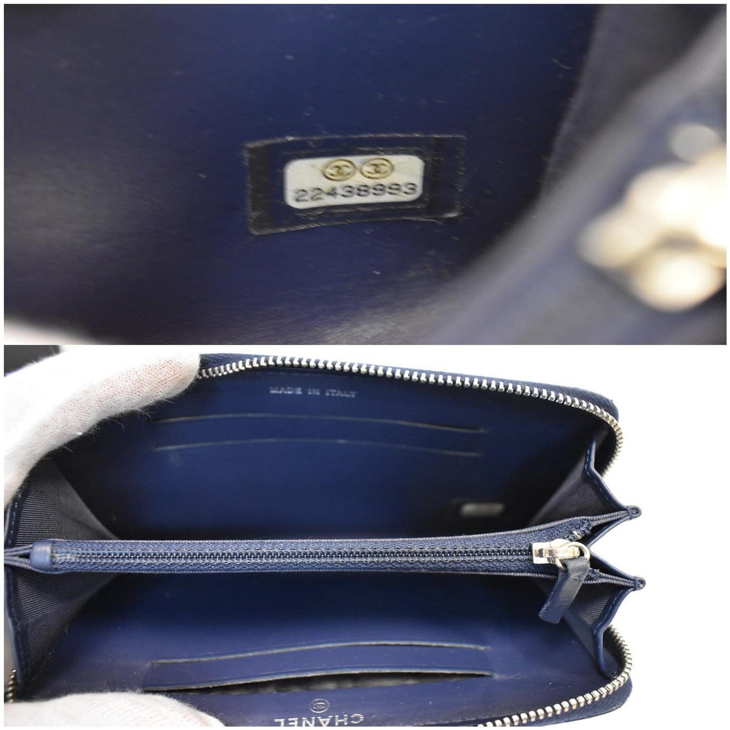 CHANEL Large Gusset Caviar Chevron Quilted Zip Around Wallet Bright Blue