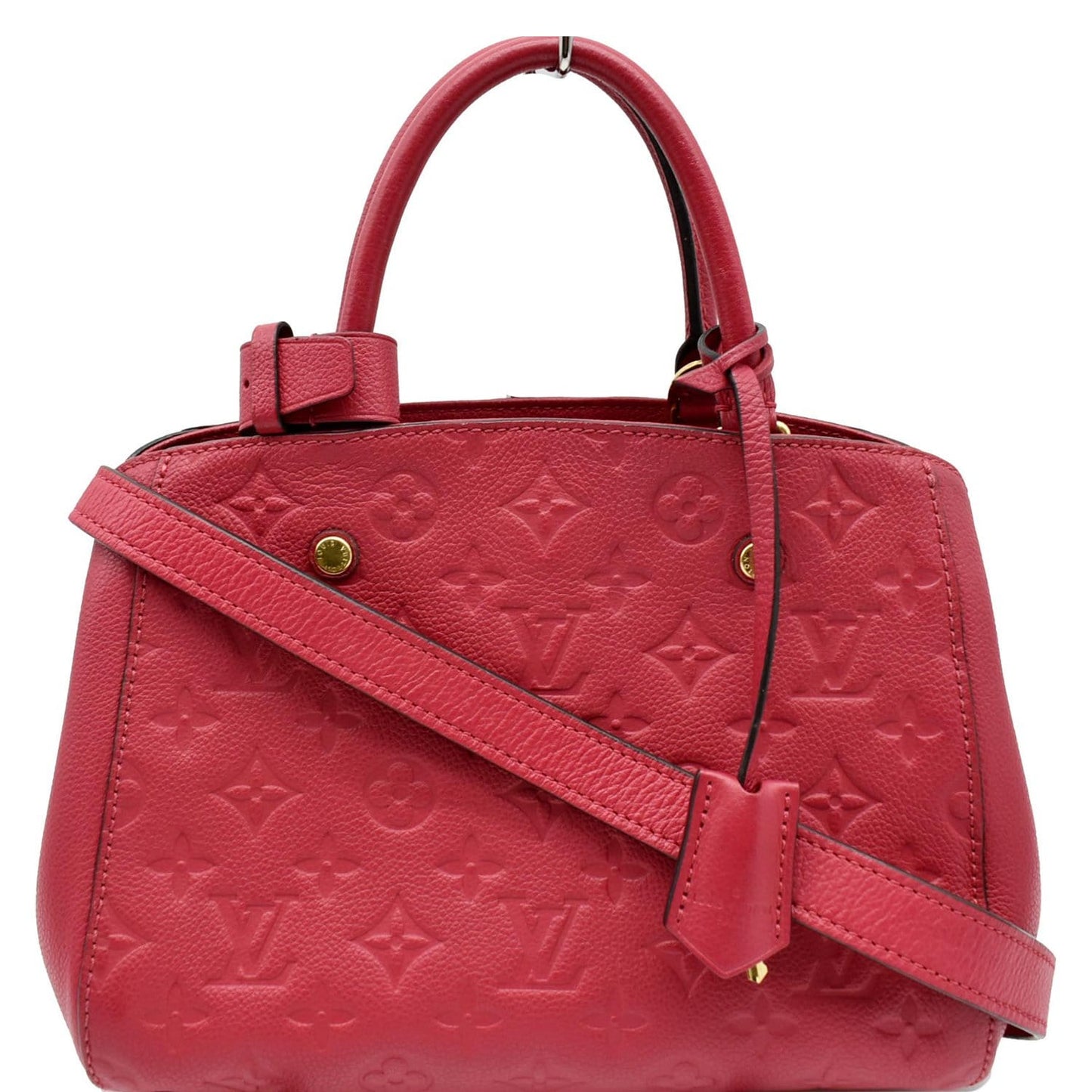 LOUIS VUITTON Montaigne BB Monogram Empreinte Leather Satchel Bag Dahlia