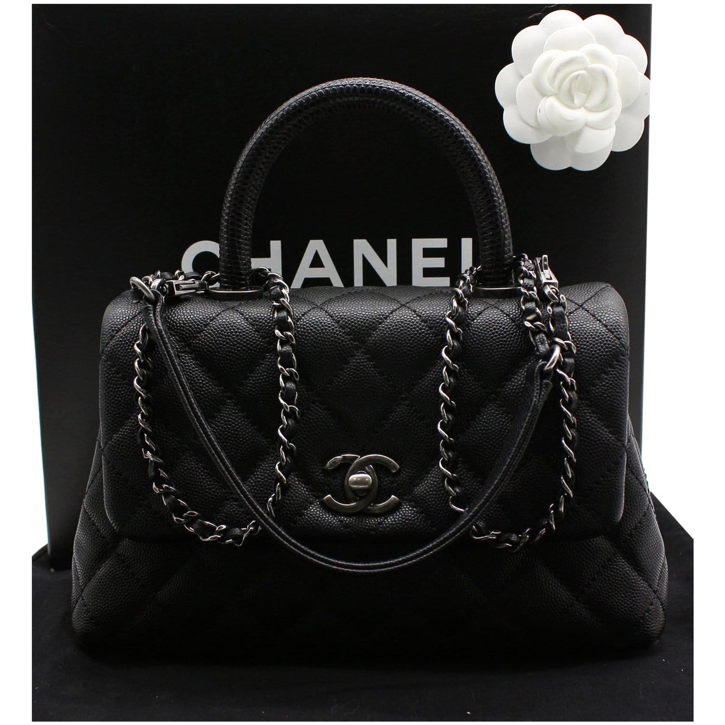 CHANEL Coco Mini Top Lizard Handle Caviar Leather Shoulder Bag Black