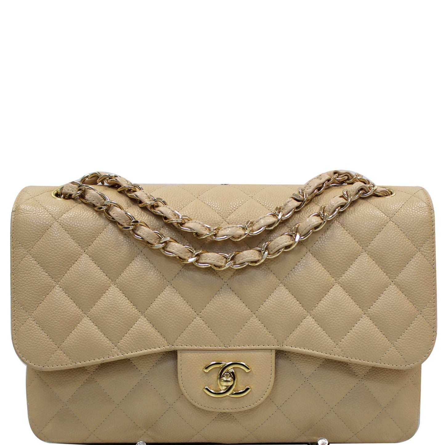 CHANEL Jumbo Double Flap Caviar Leather Shoulder Bag Beige