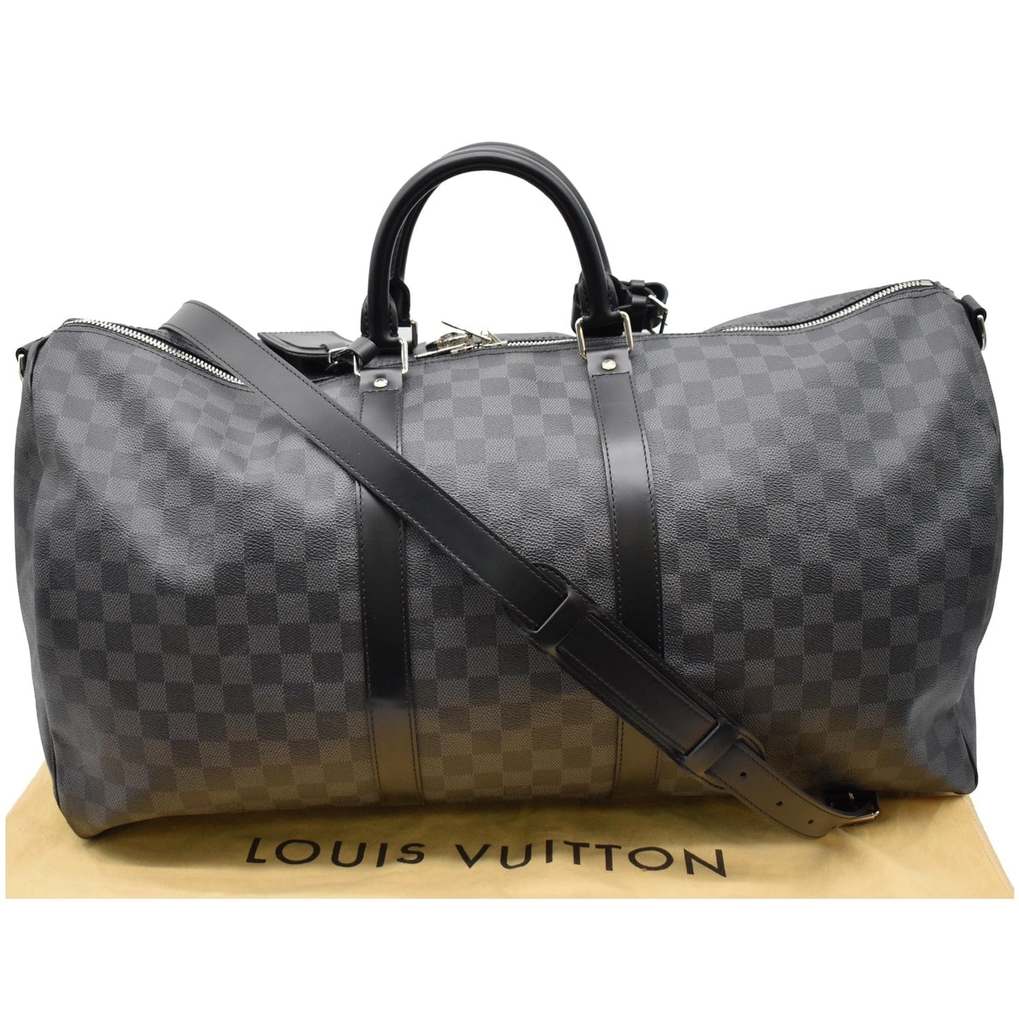 LOUIS VUITTON Keepall 55 Damier Graphite Bandouliere Travel Bag Black