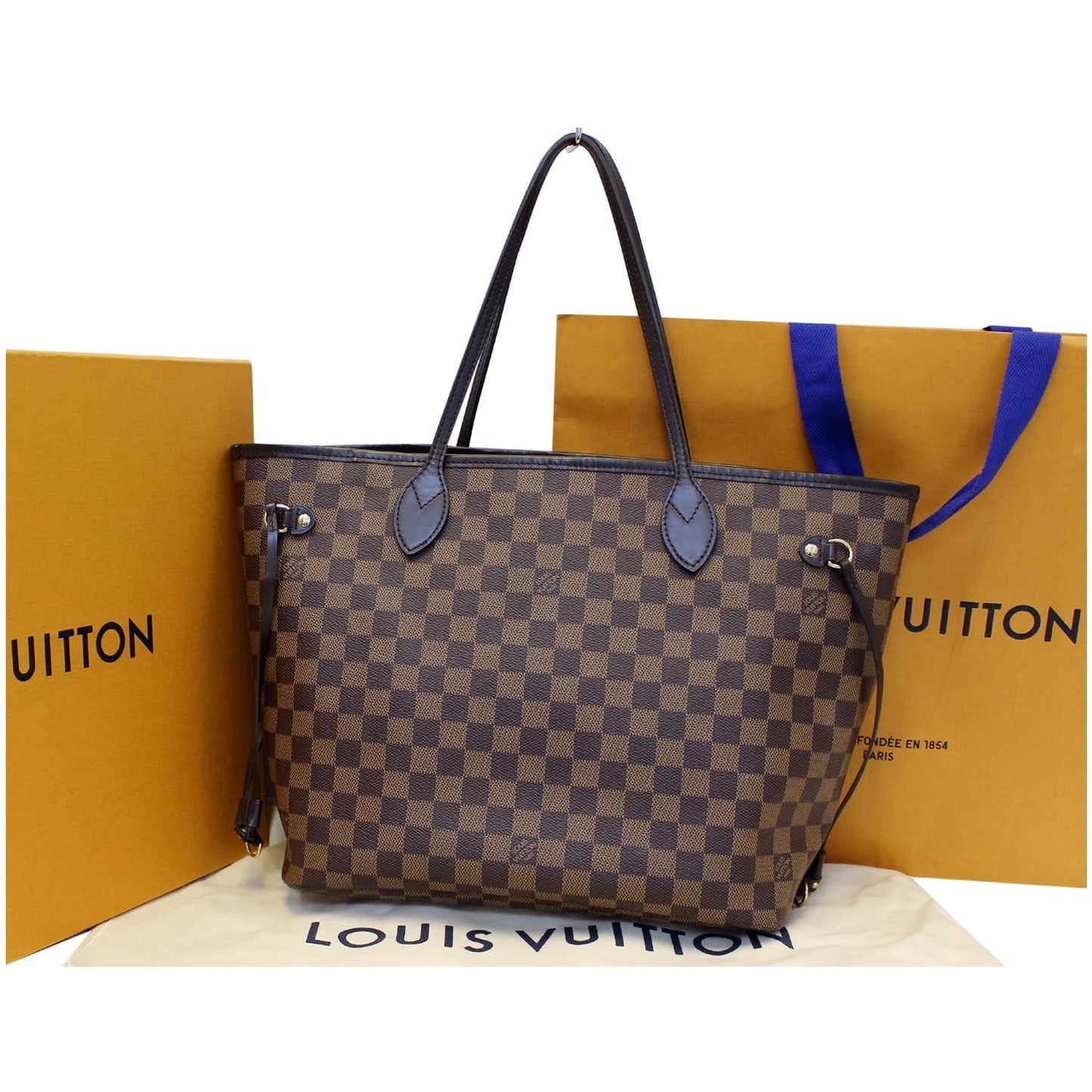 LOUIS VUITTON Neverfull MM Damier Ebene Tote Shoulder Bag Brown