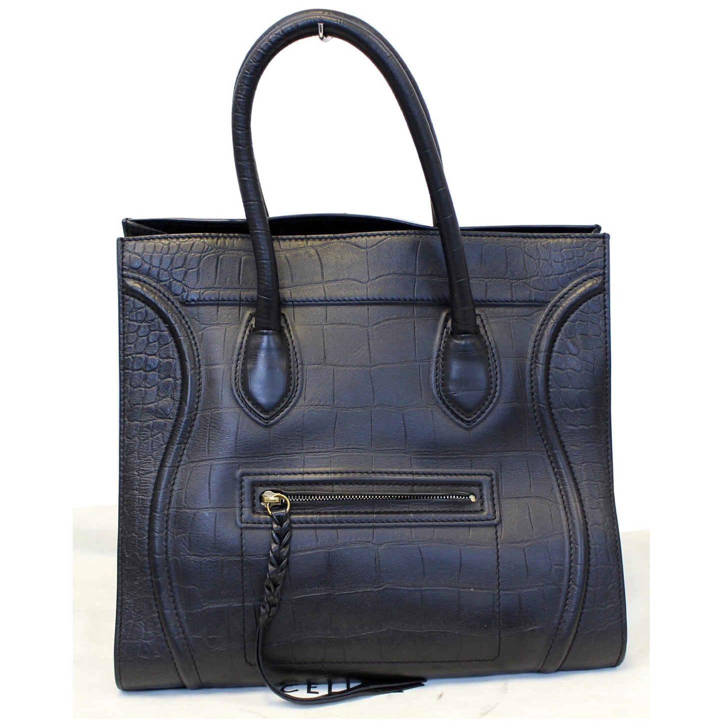 CELINE Medium Phantom Luggage Croc Stamped Embossed Leather Tote Bag Black