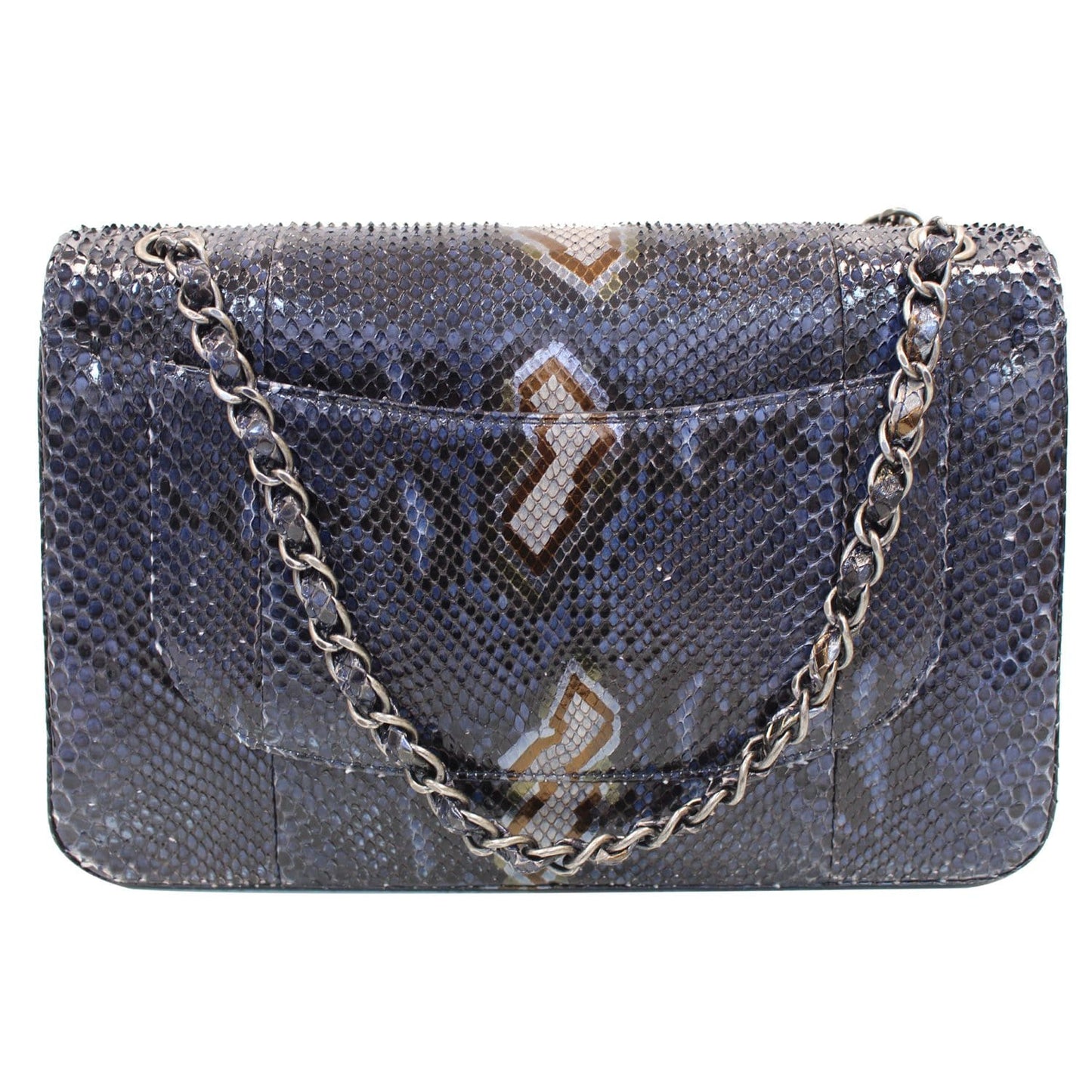 CHANEL Timeless Classic Double Flap Python Shoulder Bag Navy Blue