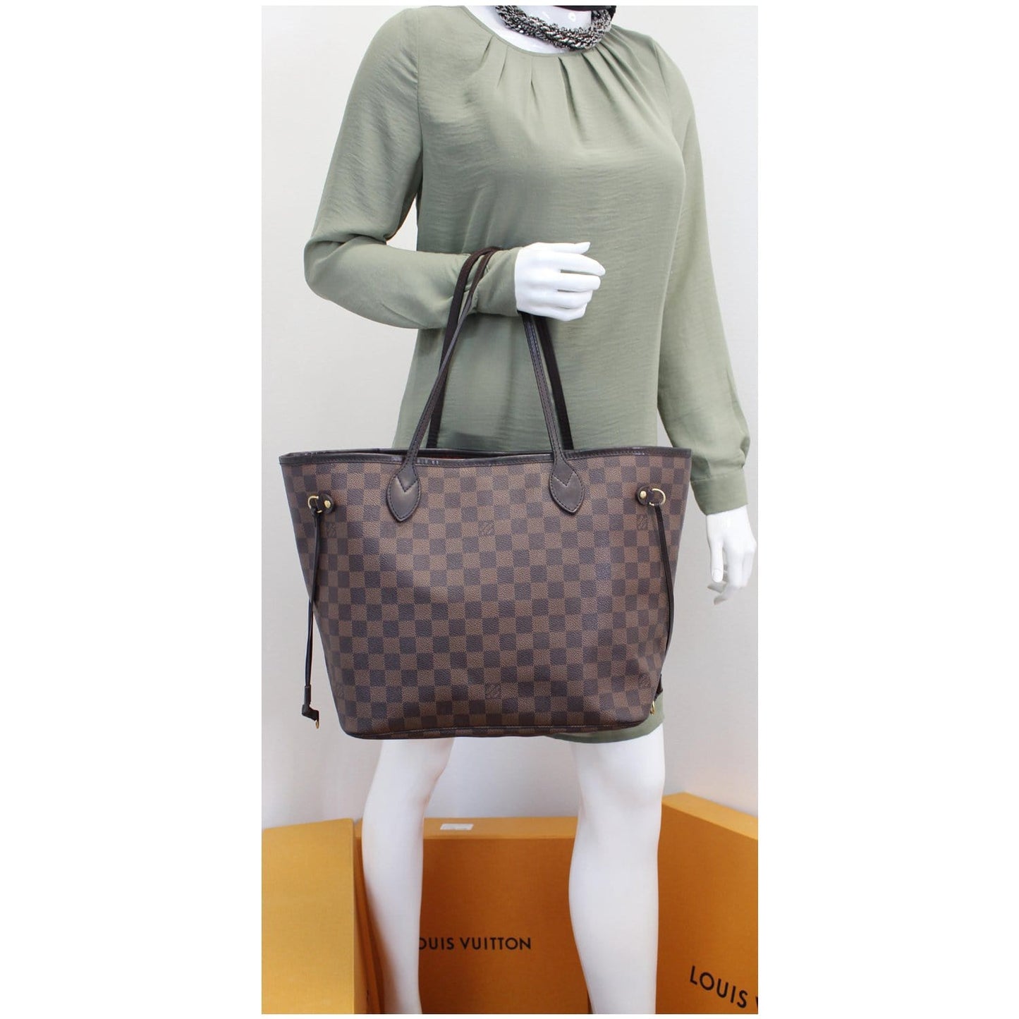 LOUIS VUITTON Neverfull MM Damier Ebene Tote Shoulder Bag Brown