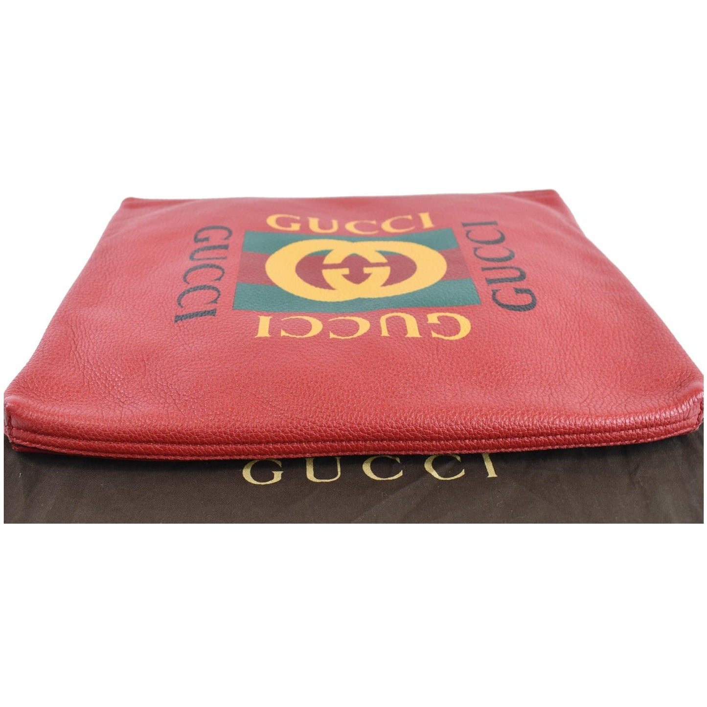 GUCCI Pebbled Leather Medium Logo Portfolio Clutch Hibiscus Red 500981