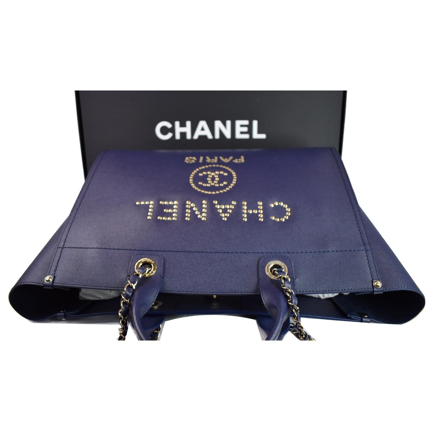 CHANEL Deauville Studded Caviar Tote Shoulder Bag Blue