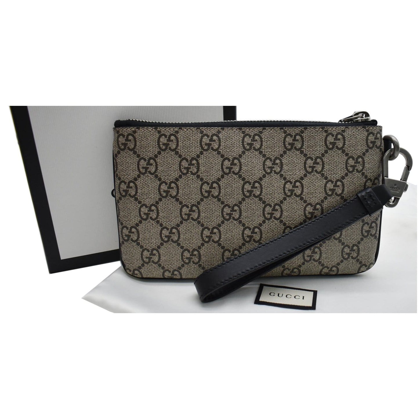 GUCCI Kingsnake Print GG Supreme Canvas Pouch Wristlet Beige 597556