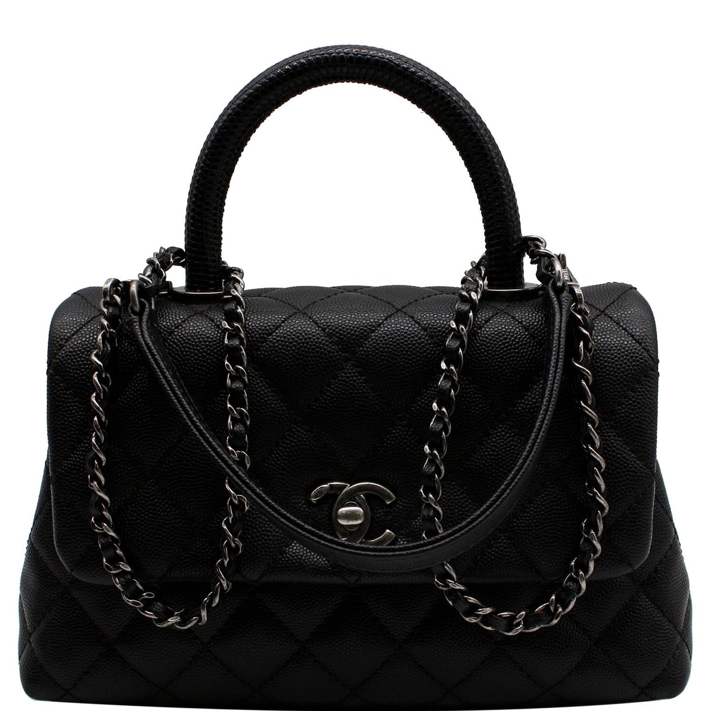 CHANEL Coco Mini Top Lizard Handle Caviar Leather Shoulder Bag Black