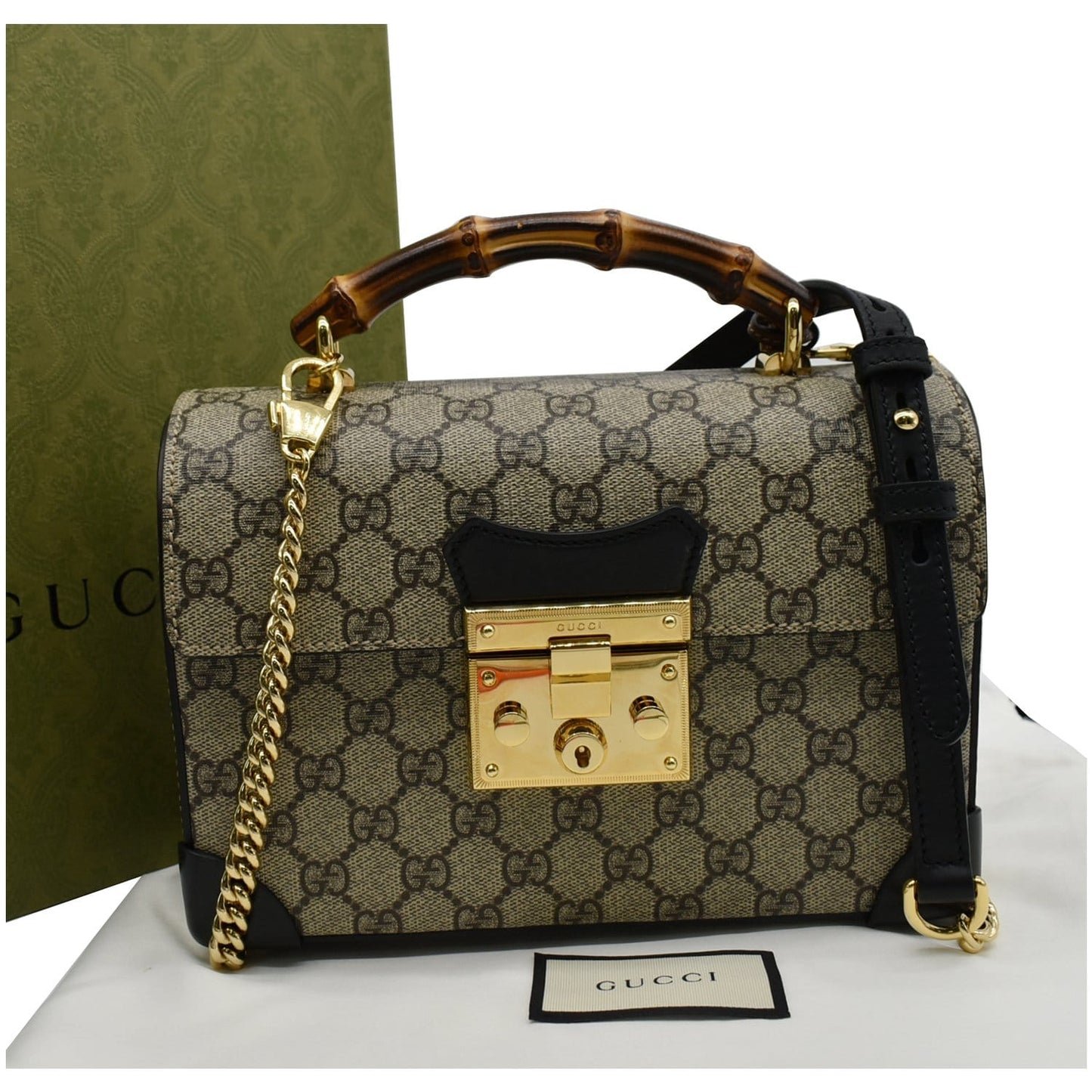 GUCCI Padlock Small GG Supreme Bamboo Top Handle Shoulder Bag Beige 603221