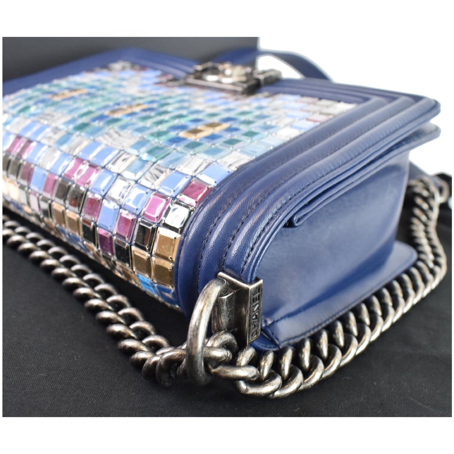 CHANEL Mosaic Large Boy Quilted Lambskin Shoulder Bag Blue