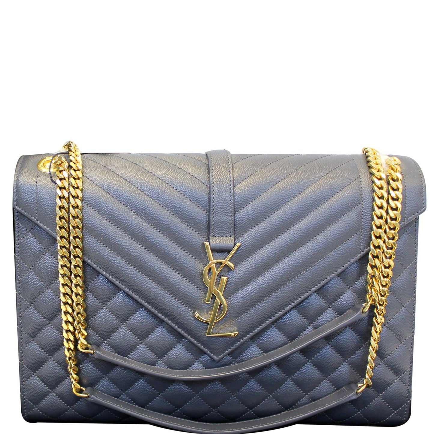 YVES SAINT LAURENT Envelope Large Matelasse Embossed Leather Shoulder Bag Dark Smog