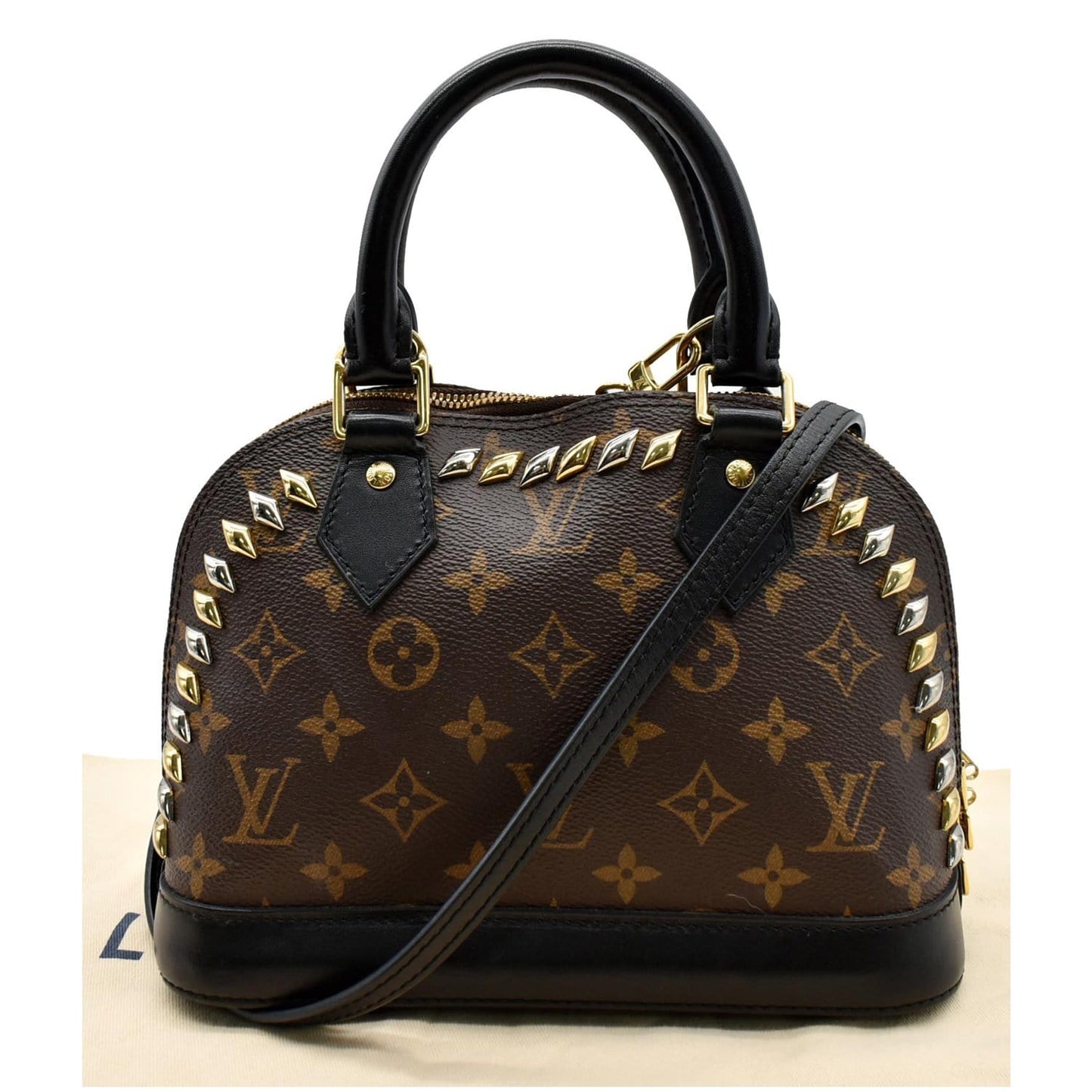 LOUIS VUITTON Studded Alma BB Monogram Macassar Canvas Crossbody Bag Brown