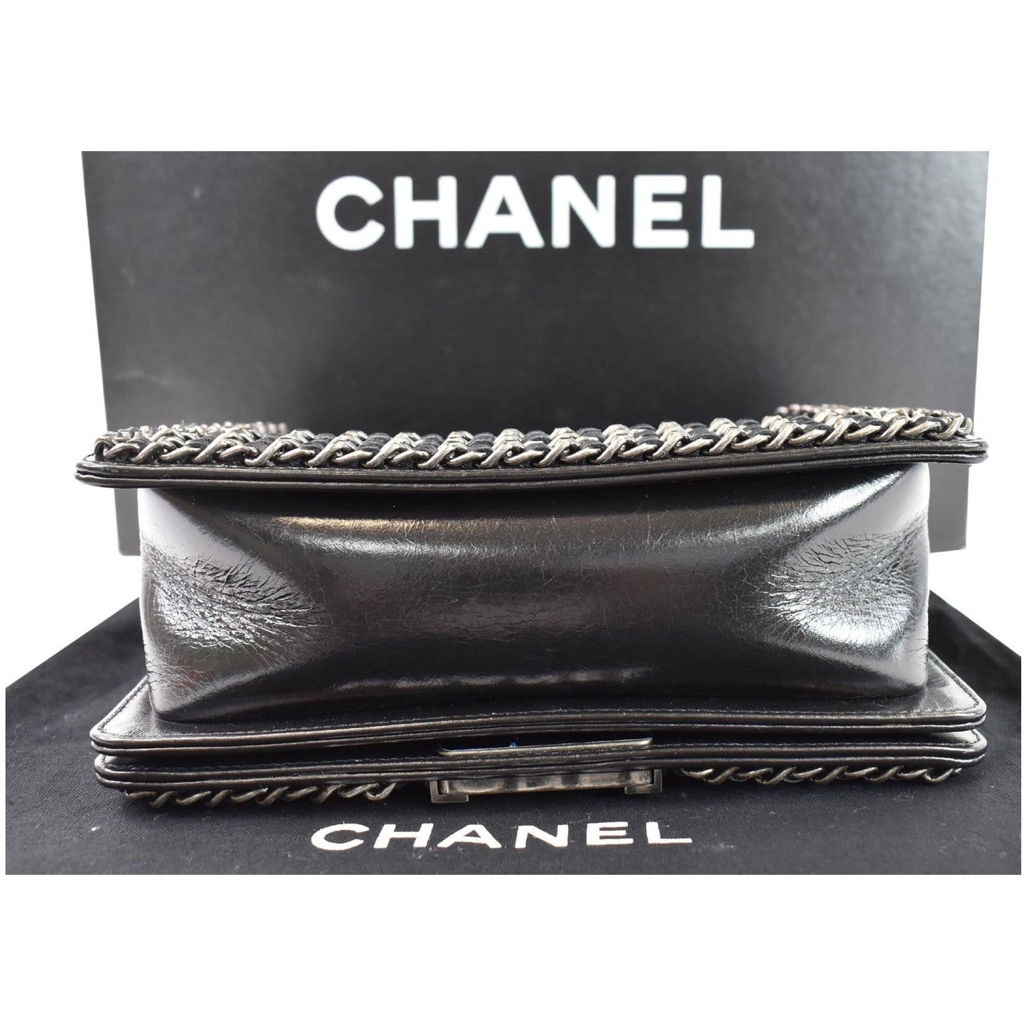 CHANEL Small Boy Embellished Chain Lambskin Shoulder Bag Black