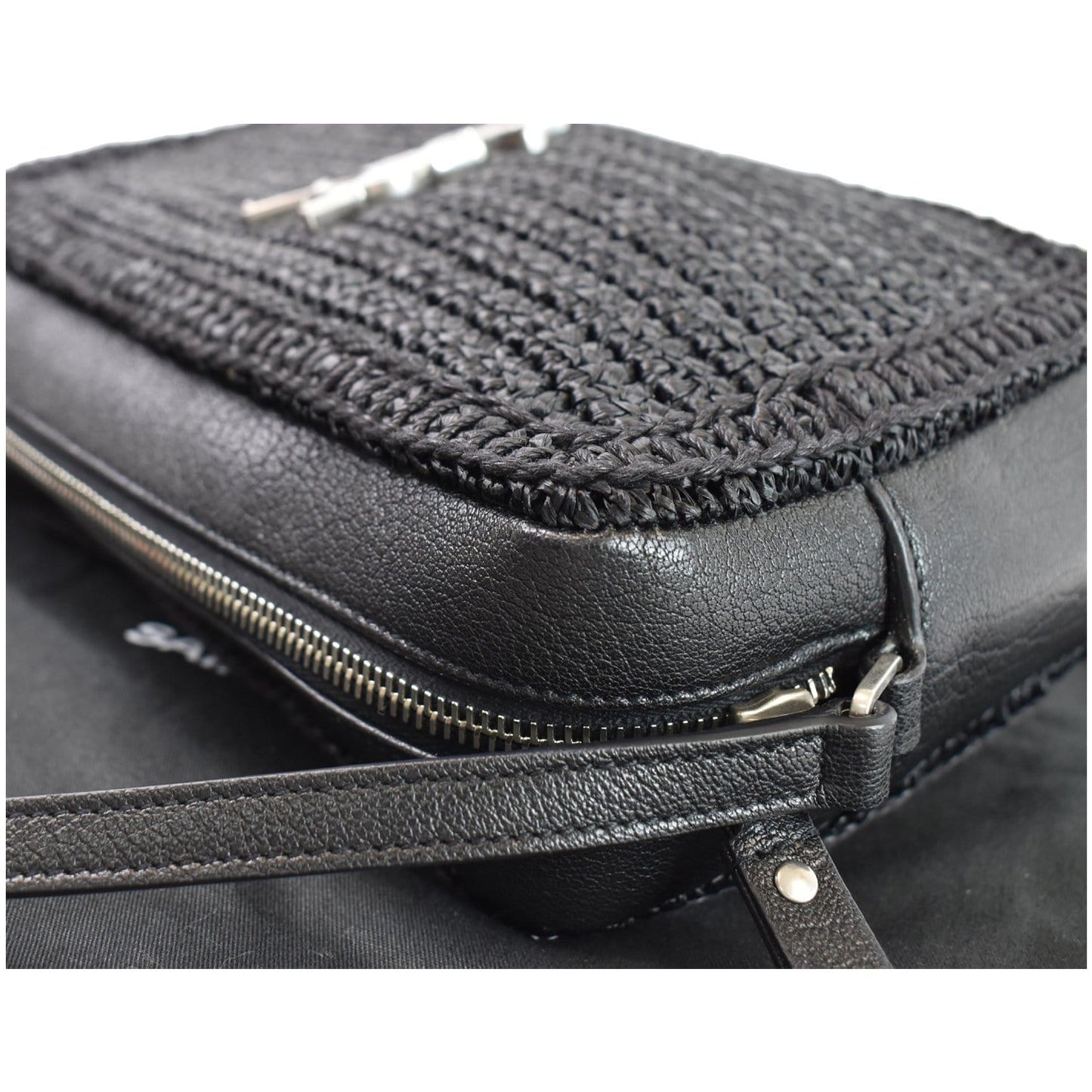 YVES SAINT LAURENT Lou Camera Raffia Canvas Crossbody Bag Black