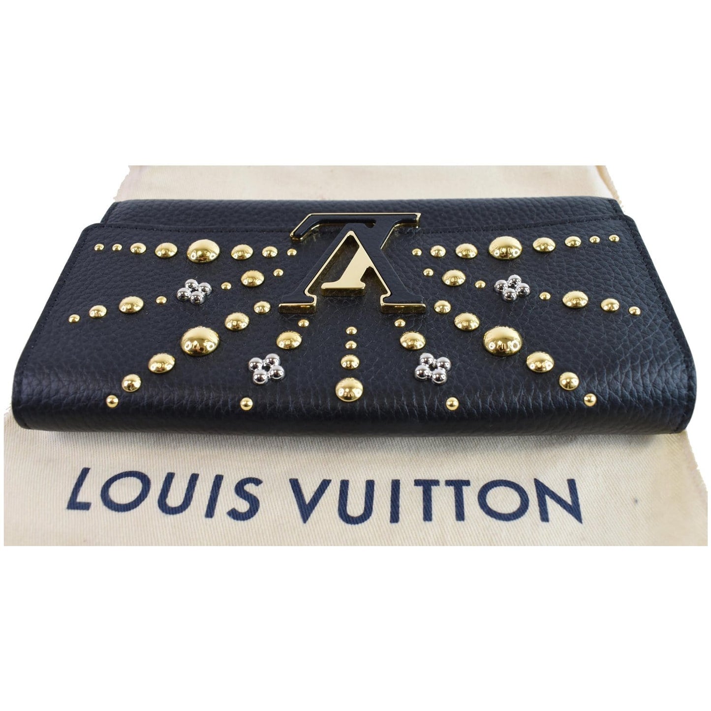 LOUIS VUITTON Capucines Studded Taurillon Leather Wallet Black