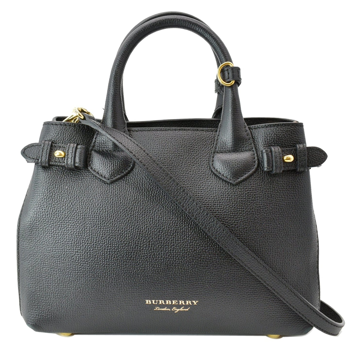 BURBERRY Derby Banner Small House Check Leather Tote Shoulder Bag Black