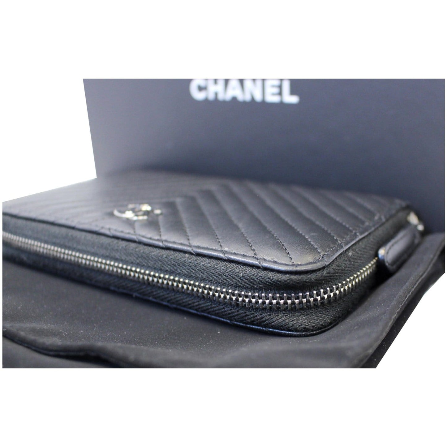 CHANEL Lambskin Chevron Zip Around Wallet Black