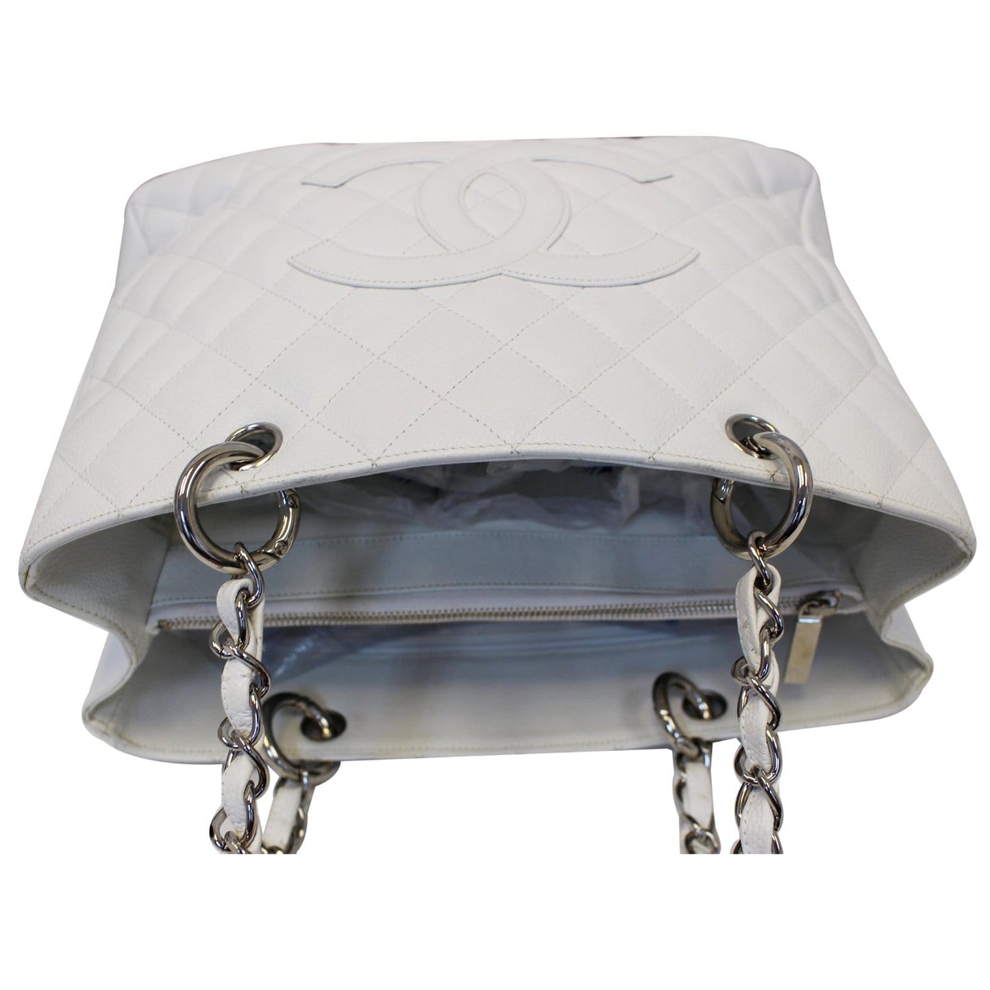 CHANEL Grand Shopping Quilted Caviar Leather Tote Bag White