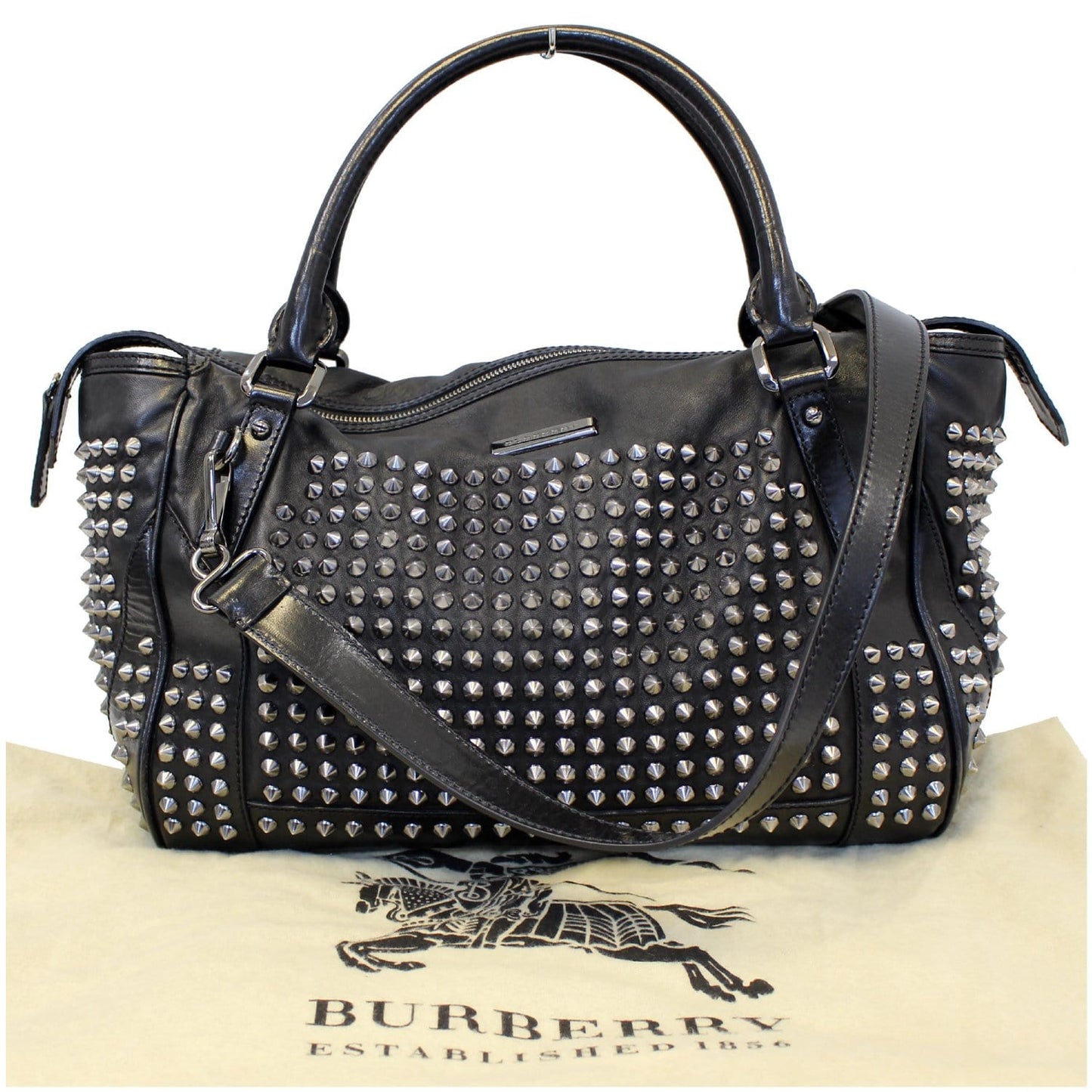 BURBERRY Studded Leather Satchel Shoulder Bag Black