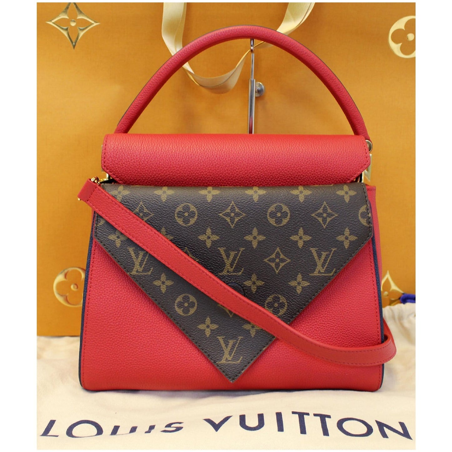 LOUIS VUITTON Double V Grained Leather Monogram Shoulder Bag Rubis