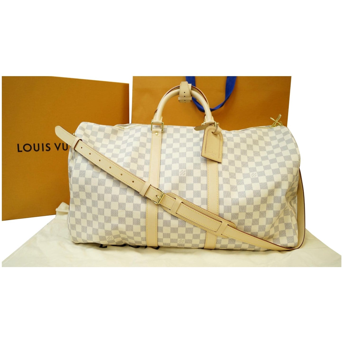 LOUIS VUITTON Keepall 55 Bandouliere Damier Azur Travel Bag White