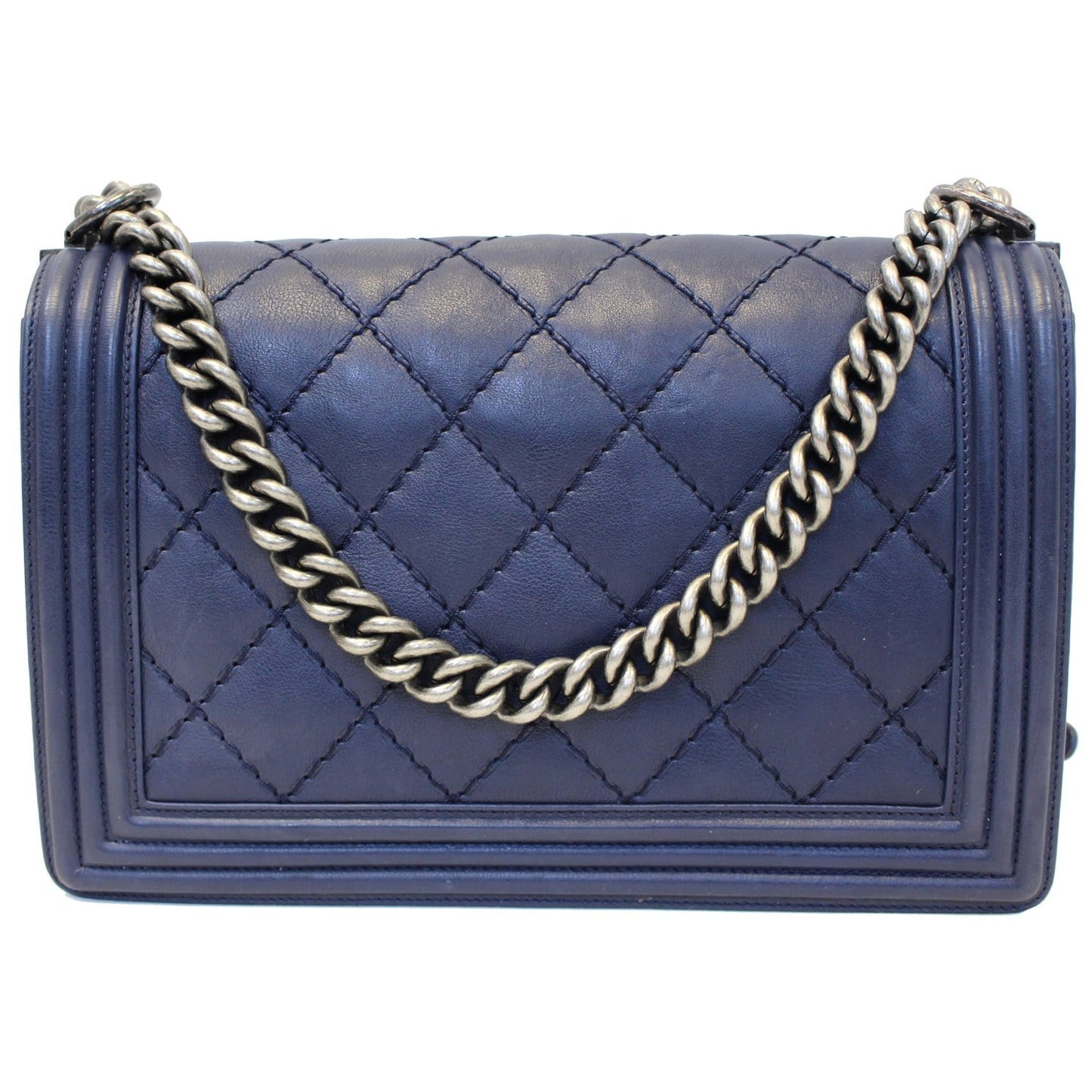CHANEL New Medium Boy Flap Calfskin Double Stitch Shoulder Bag Navy
