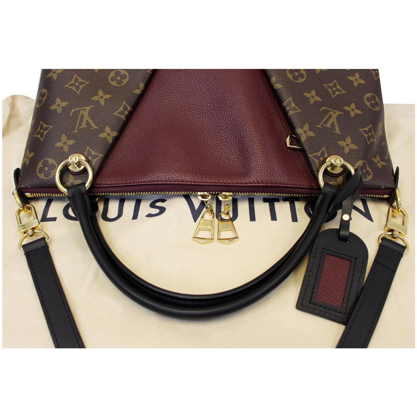 LOUIS VUITTON V MM Monogram Canvas Tote Shoulder Bag Bordeaux