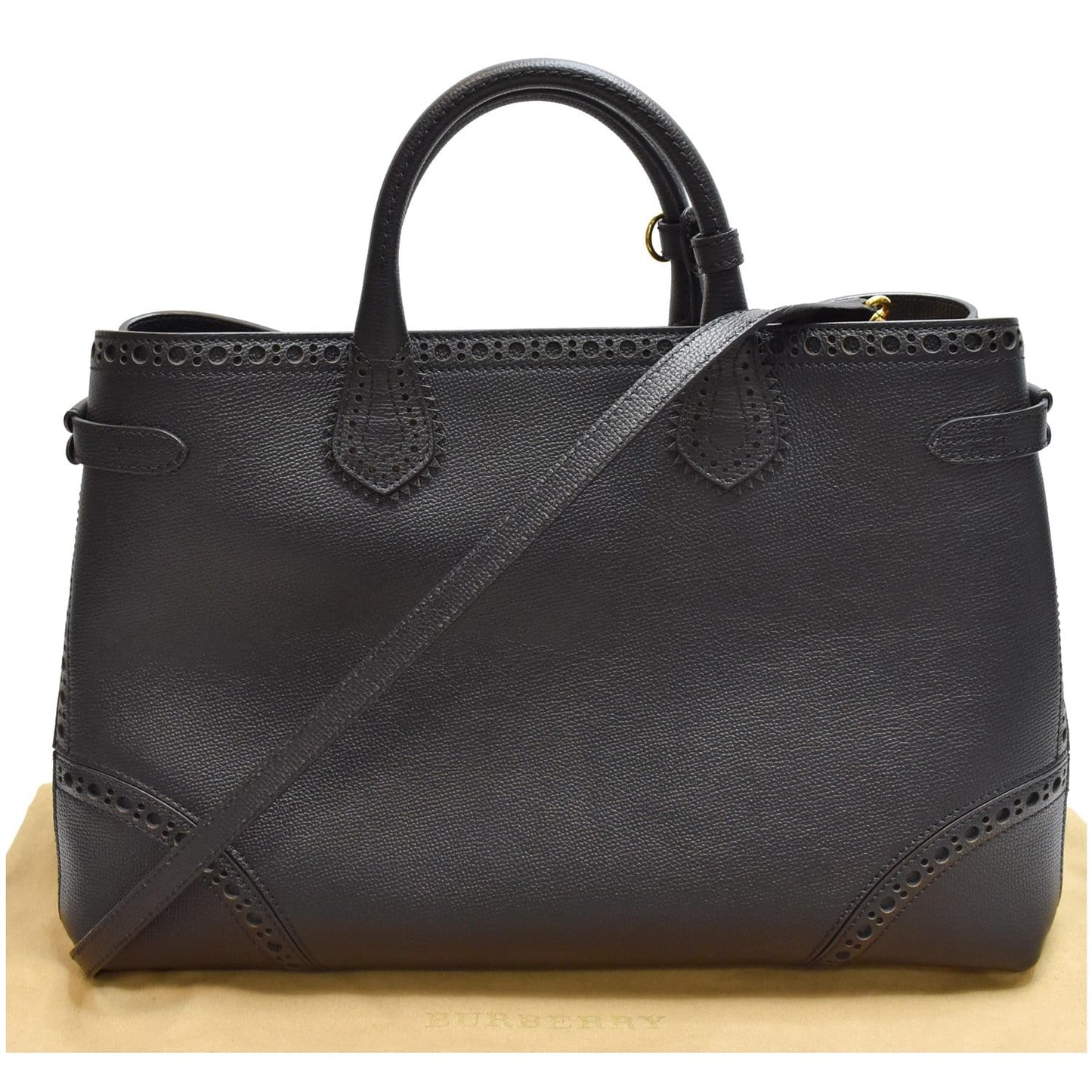 BURBERRY Large Banner Calfskin House Check Leather Tote Shoulder Bag Black