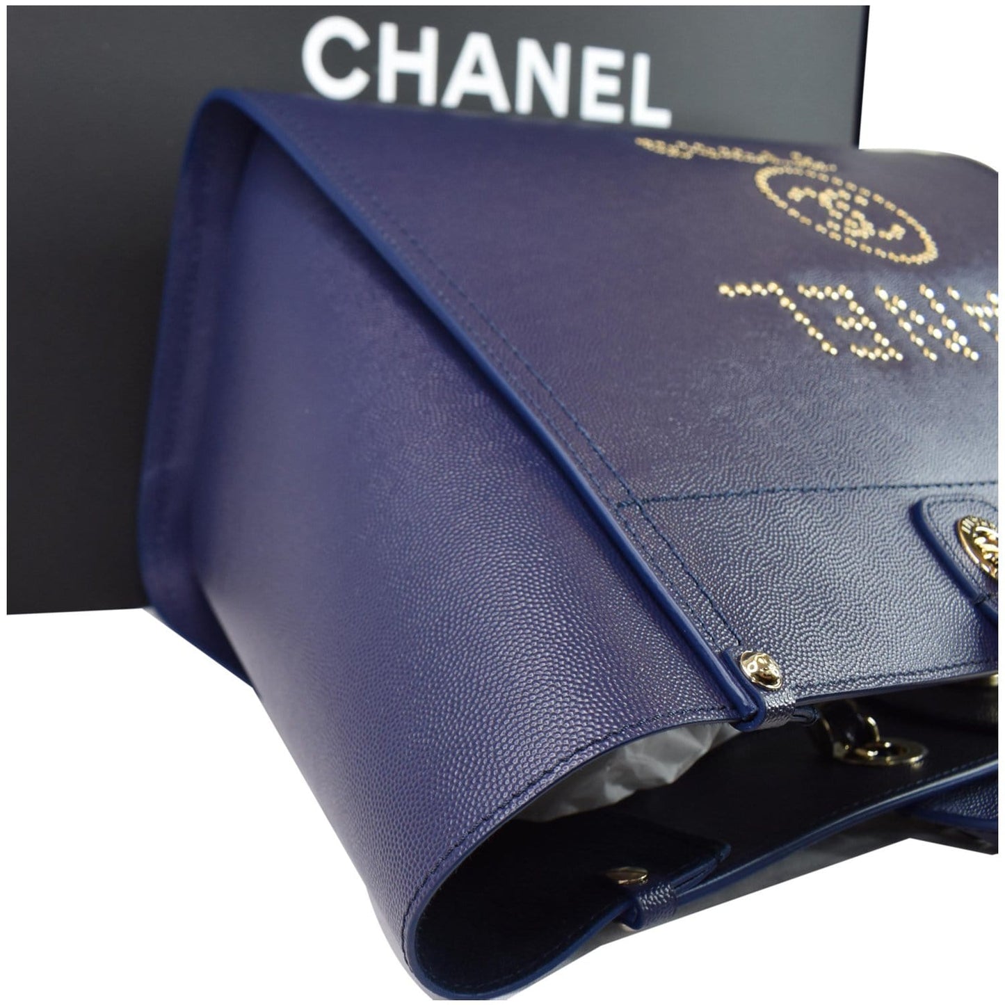 CHANEL Deauville Studded Caviar Tote Shoulder Bag Blue