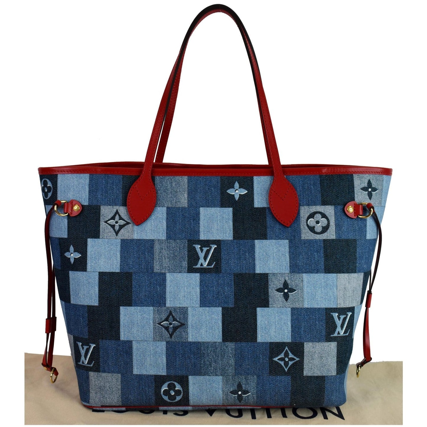 LOUIS VUITTON Neverfull MM Patchwork Monogram Denim Shoulder Bag Blue