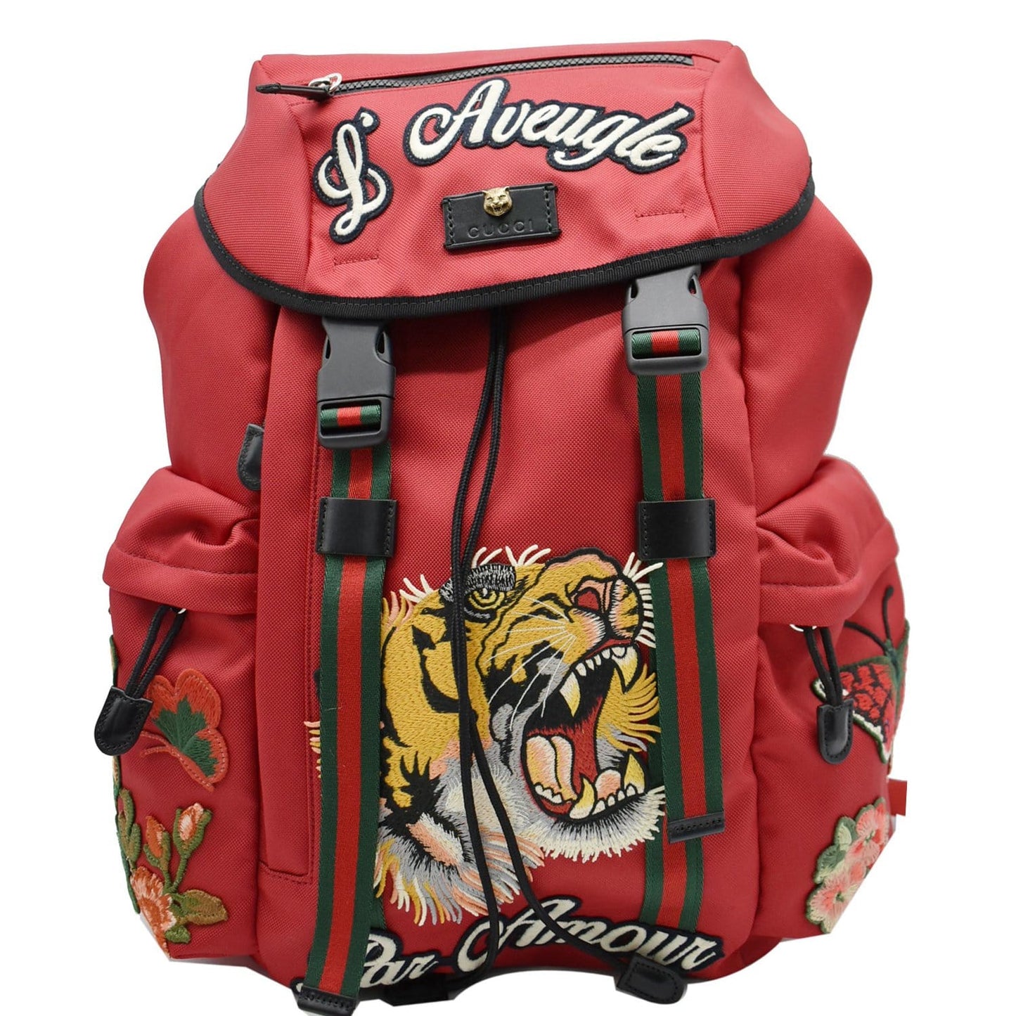 GUCCI L'Aveugle Par Amour Embroidered Nylon Double Buckle Backpack Red 429037
