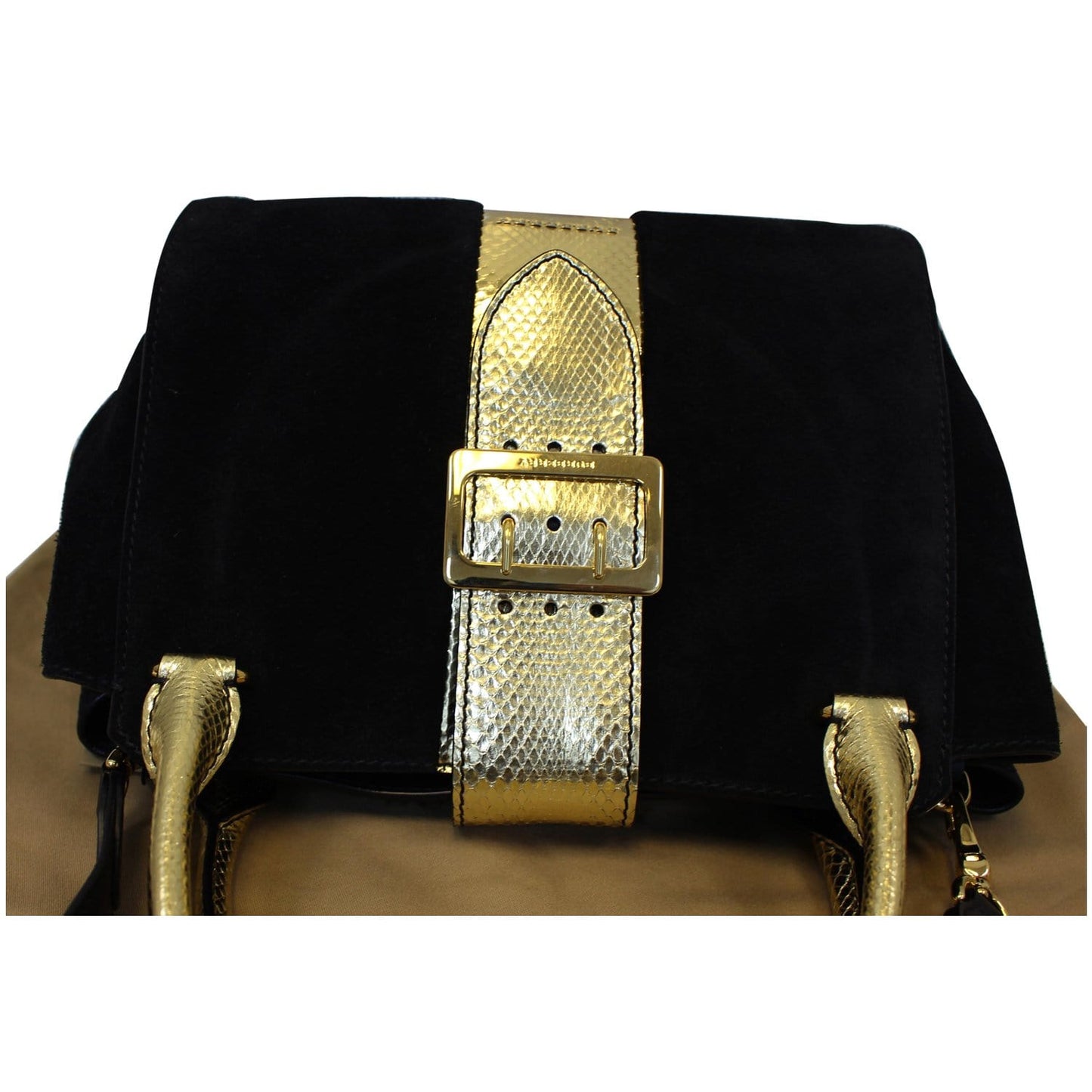 BURBERRY The Medium Buckle Suede and Snakeskin Tote Shoulder Bag Black - 20% OFF