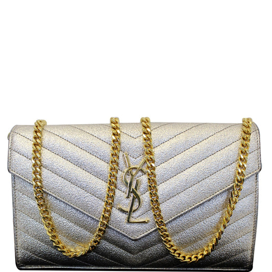 YVES SAINT LAURENT Chevron Leather Chain Wallet Shoulder Bag Silver