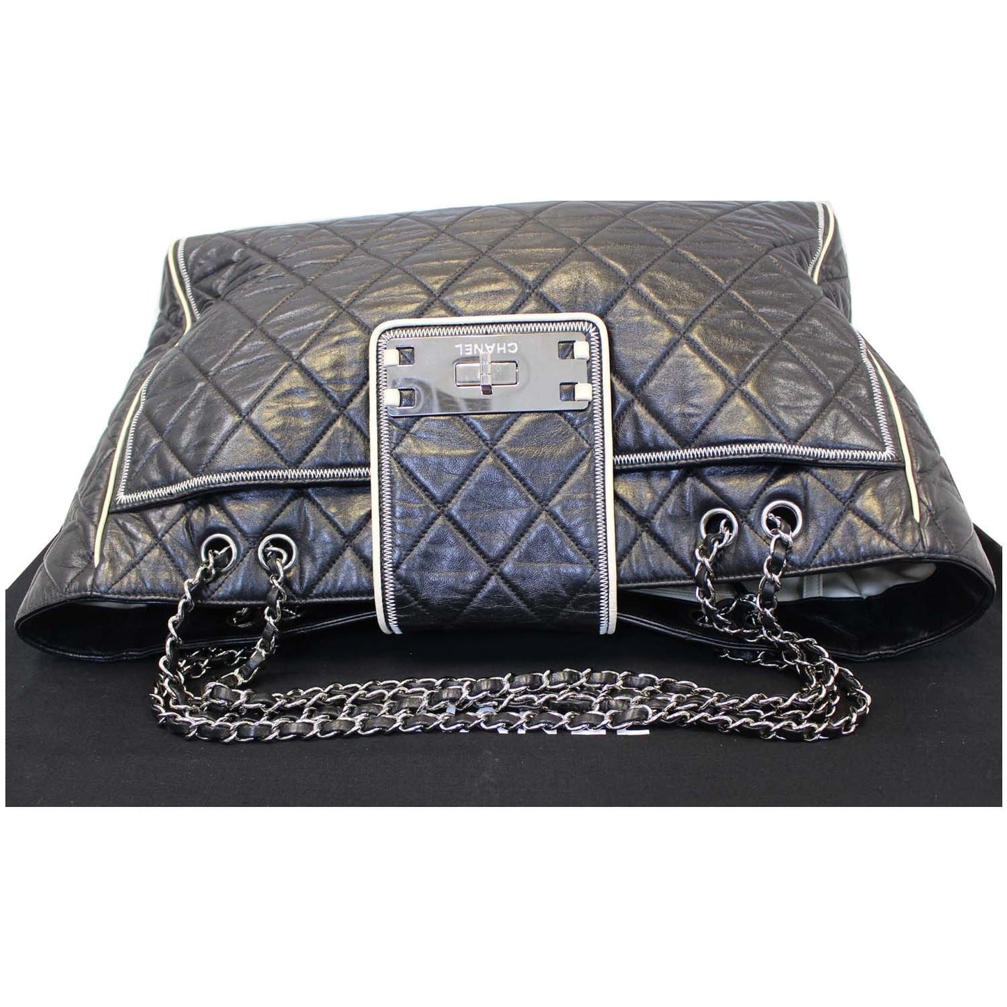 CHANEL East West Large Lambskin Quilted Leather Tote Shoulder Bag Black