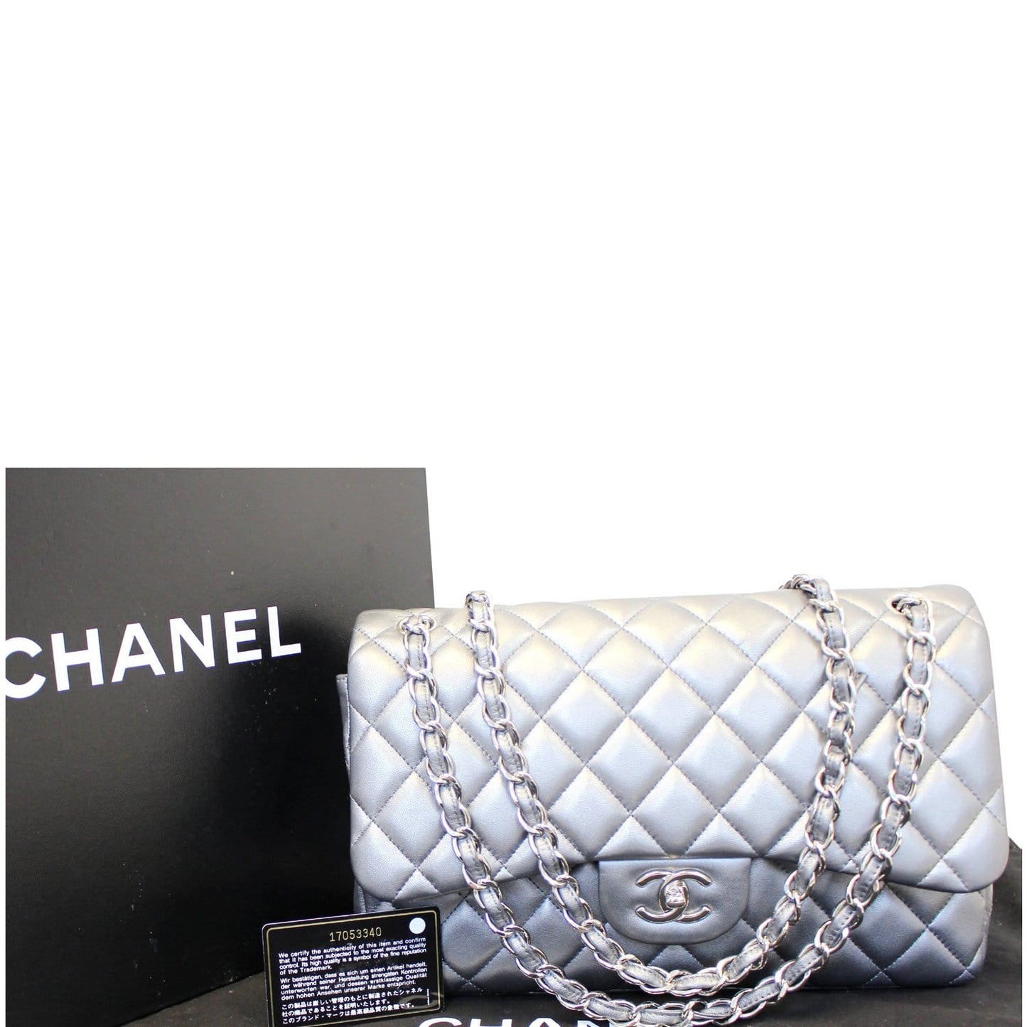 CHANEL Jumbo Calfskin Leather Double Flap Silver Shoulder Bag
