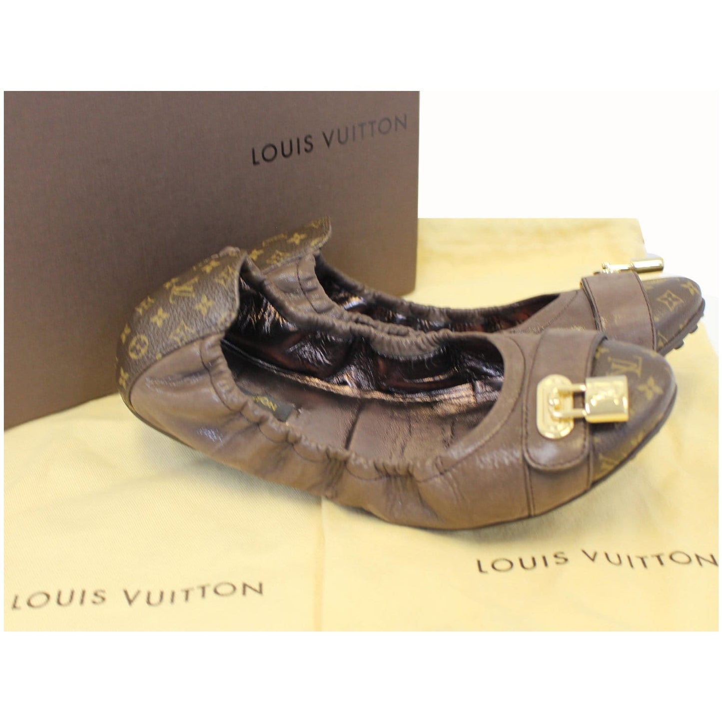 LOUIS VUITTON Lucky Ballerina Monogram Iridescent Leather Flats Brown