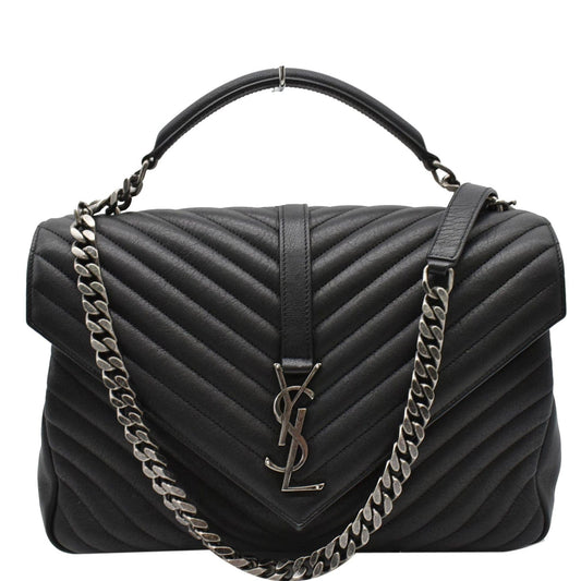 YVES SAINT LAURENT College Medium Flap Matelassé Leather Shoulder Bag Black