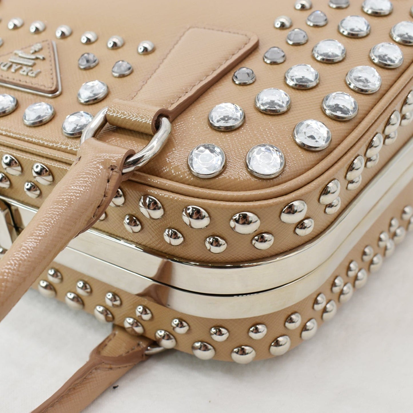 PRADA Vernice Crystal Small Frame Studded Saffiano Leather Top Handle Bag Beige