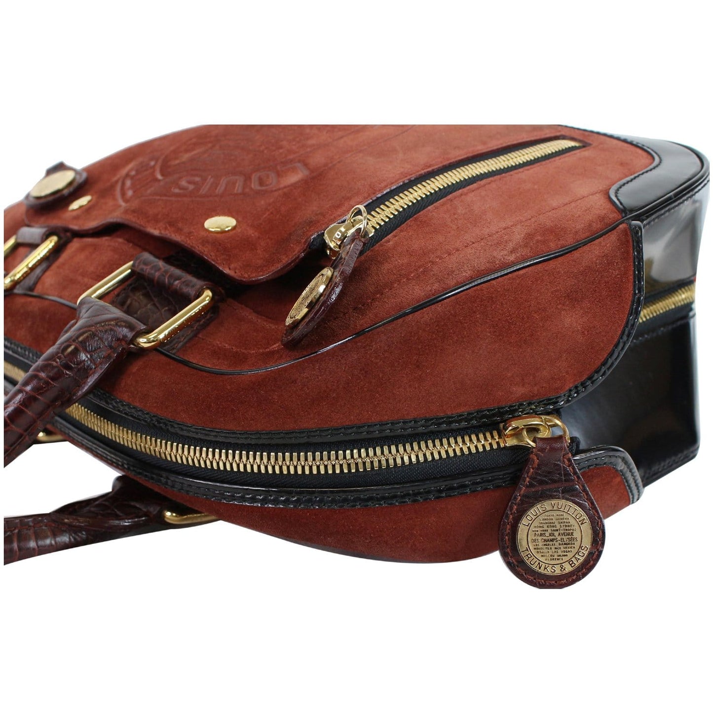 LOUIS VUITTON Stamped Trunk GM Suede Havane Satchel Bag Red